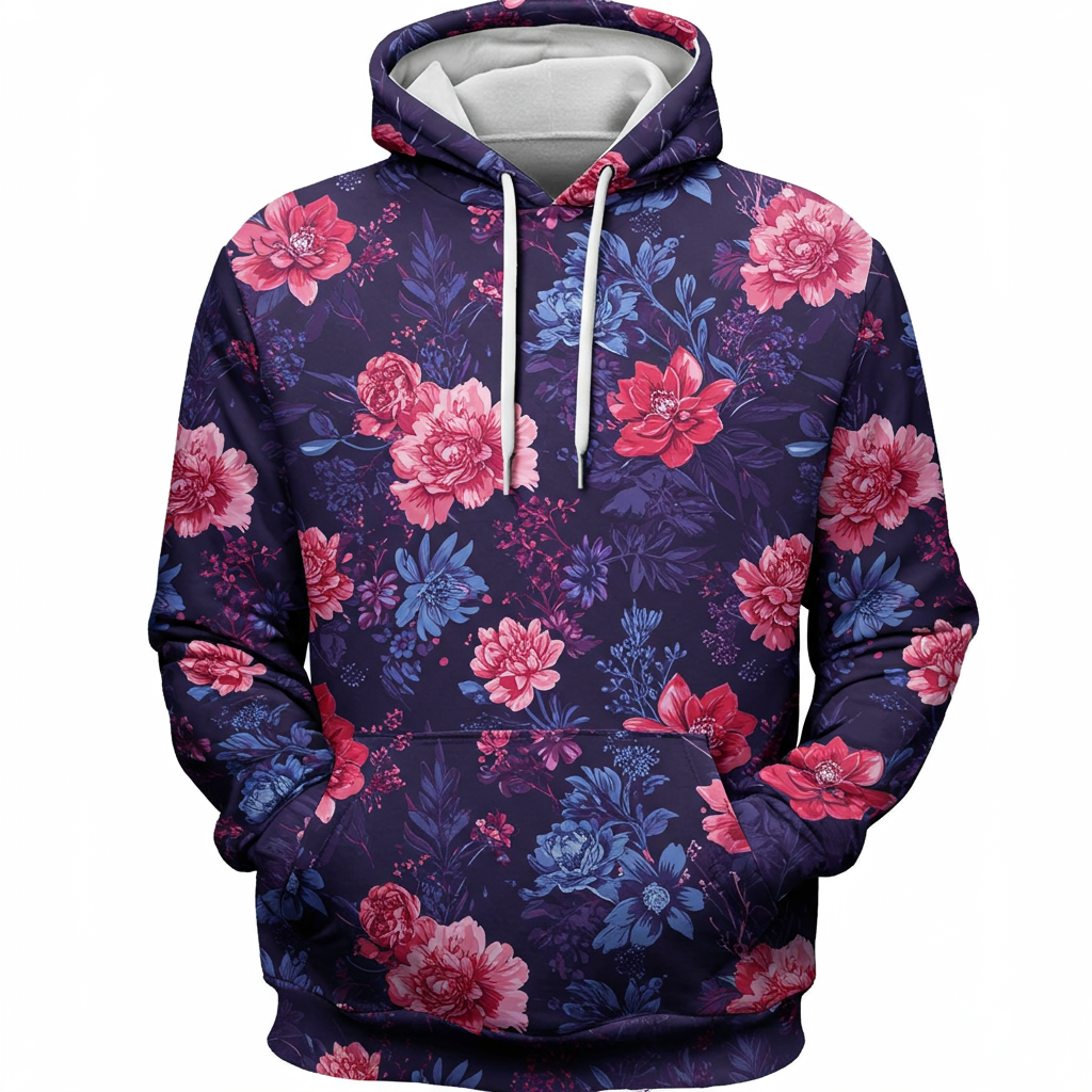 PixelLoom Paris 'Midnight Bloom' hoodie with a floral gamer-inspired print