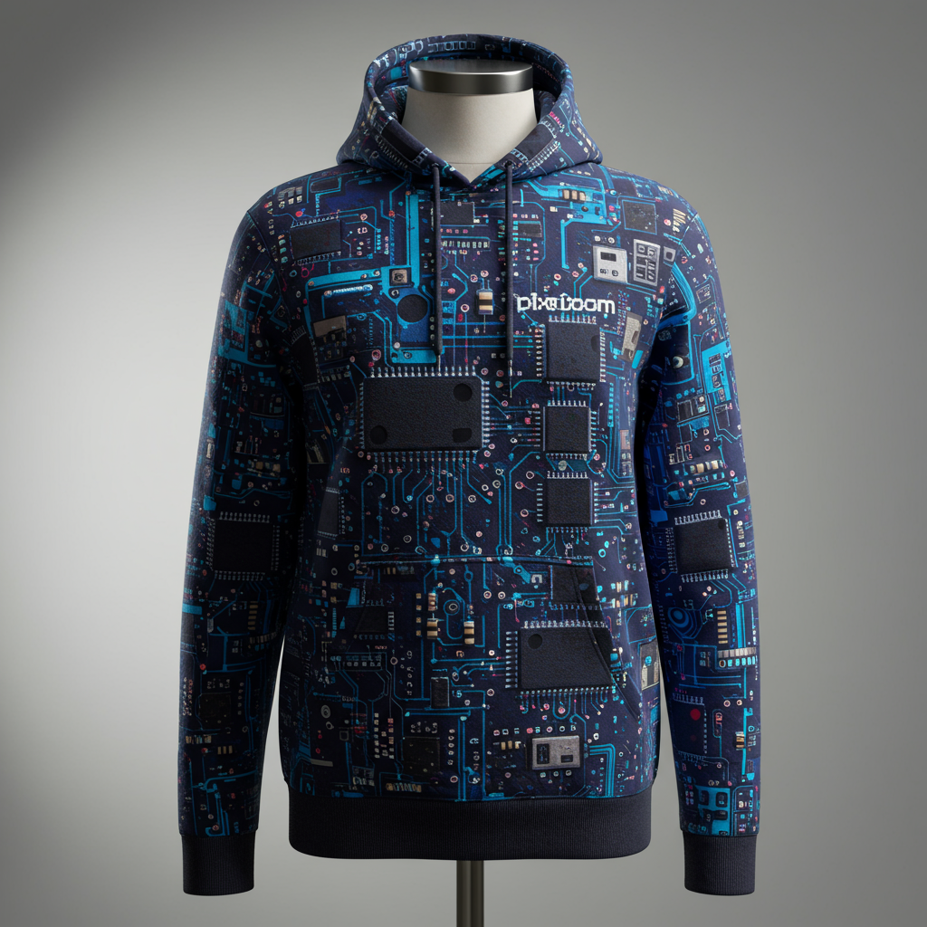 PixelLoom Paris 'Logic Flow' sweatshirt with a circuit board inspired print