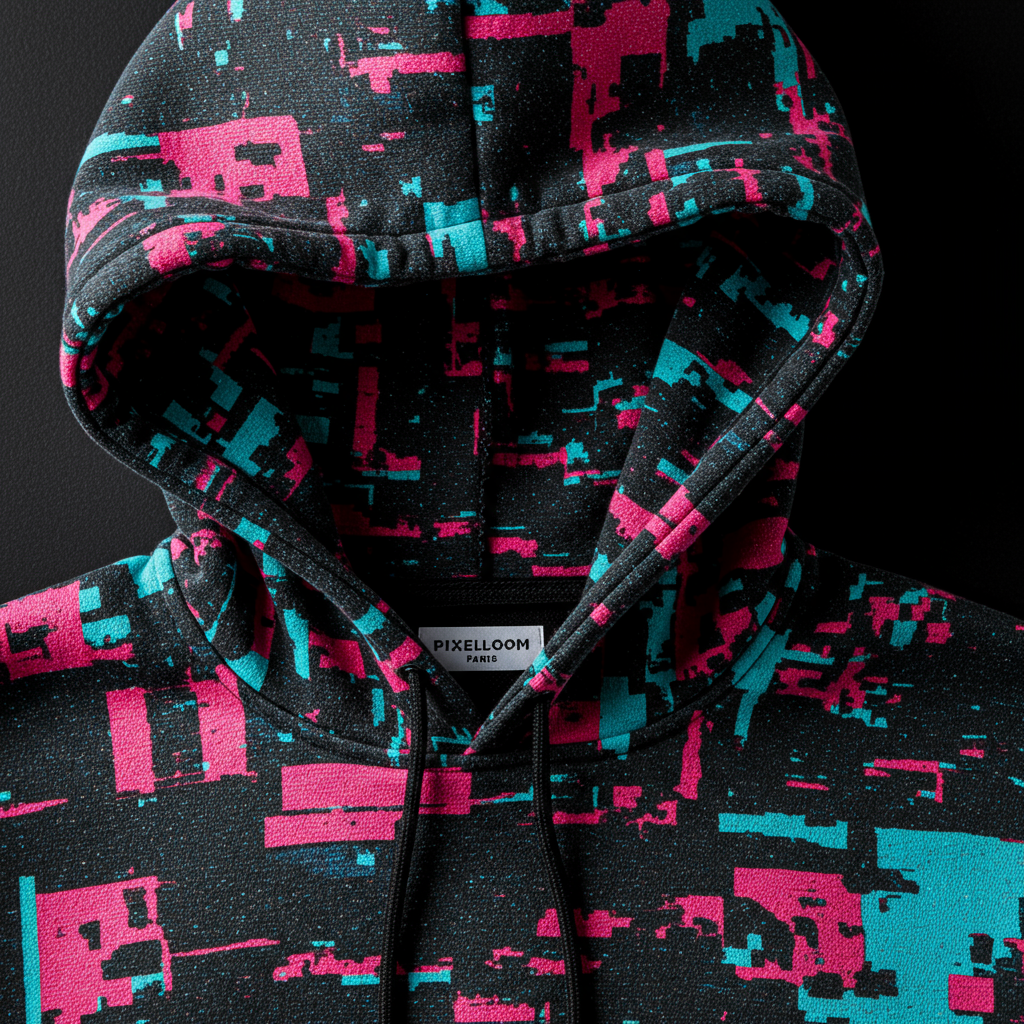 PixelLoom Paris 'Neon Glitch' hoodie with a vibrant glitch effect print